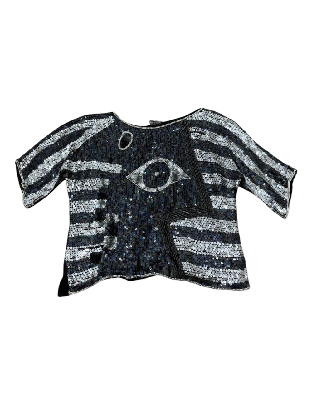 Vintage 1980s Sequin Eye Graphic Top Silver Black Short Sleeve